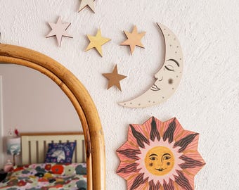 Wooden Sun, Moon and Stars Wall Decorations: Maximalist Home Wall Art