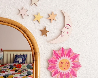 Wooden Sun, Moon and Stars Wall Decorations: Maximalist Home Pink Wall Art