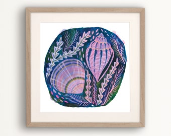 Artful Shell Art Print, Seashell Home Decor, Decorative Bathroom Wall Art, Gallery Wall, Artful Nautical Decor, Beach Person Gift, Sea Life