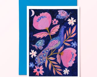 Peacock Greetings Card: Maximalist Bird Art, Blank Inside