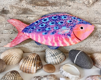 Large Wooden Fish Wall Art: Coastal Eclectic Decor