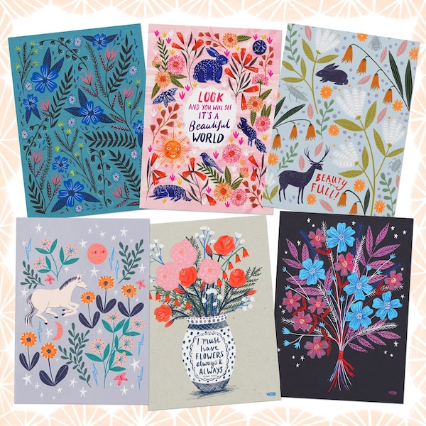 Animals and Florals Postcard Set - Blue, Small Art Print, Eclectic Art, Colourful, Desk Decor, Snail Mail, A6, Stocking Filler