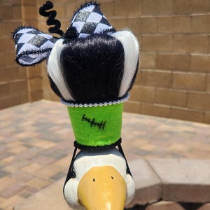 Halloween Mrs. frankenstein porch goose hat.