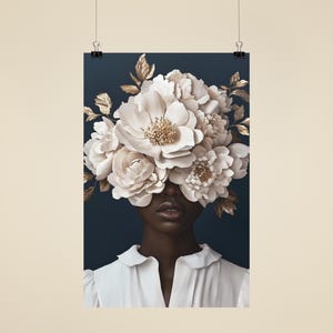 Black Woman Art | African American Art | Beautiful Portrait Wall Decor | Digital Art Print | Poster | Indigo | Flowers
