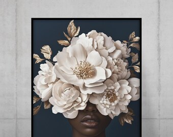 May include: A woman with dark skin is wearing a white shirt and has a bouquet of white flowers covering her face. The flowers are on a dark blue background.