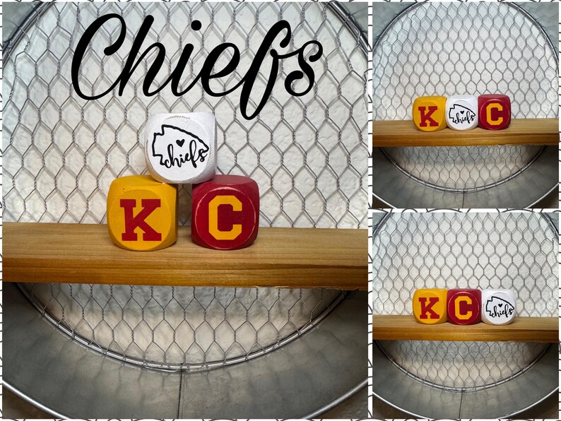 May include: Three wooden blocks with the letters "K", "C", and a Kansas City Chiefs logo with the word "chiefs" on it. The blocks are painted in red, yellow, and white.