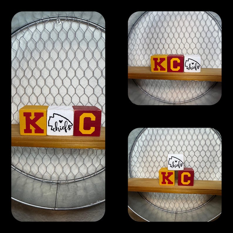 May include: Three wooden blocks spelling "KC Chiefs" with a red and yellow color scheme. The blocks are sitting on a shelf made of wood.