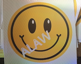 Large smiley LUFC window sticker for cars / house / glass easy peel -- Based on LUFC . 1 sticker. bumper sticker. Perforated glass vinyl