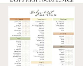 Primeros alimentos del bebé imprimibles / Registro de primeros alimentos / Registro de alérgenos / Planificador de comidas para bebés / Colores neutros
