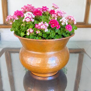 May include: A copper-coloured planter filled with vibrant pink and white geraniums. The hammered texture of the planter adds a rustic charm. The flowers are in full bloom, creating a colourful display. The planter sits on a glass table.