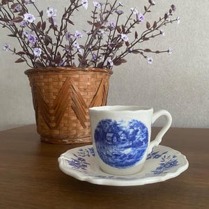 Sarreguemines Vintage Espresso Cup & Saucer: Blue Floral Porcelain