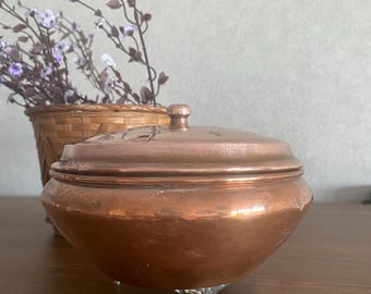 Antique 80-Year-Old Hand-Engraved Copper Sugar Bowl with Lid