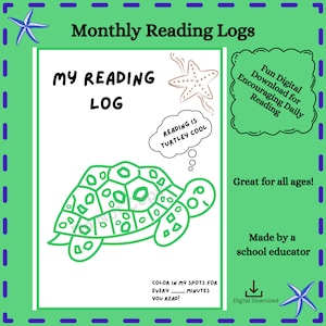 Turtle Monthly Reading Log - Fun Fillable Progress Tracker - Encourages Daily Reading Habits - Perfect for Young Readers