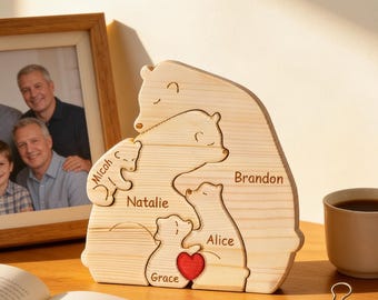Personalisierte hölzerne Bärenfamilie Puzzle, Vatertagsgeschenk, Familie gravierte Nachname Puzzle, Geschenk für Vater, Familie Wohnkultur