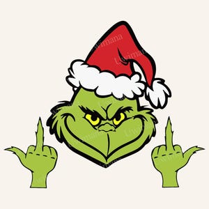 May include: A green cartoon character wearing a red Santa hat with white trim, displaying the middle finger with both hands. The character has yellow eyes and a mischievous grin, set against a cream background.