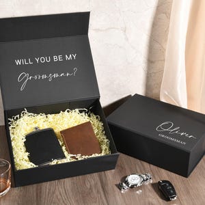 Gepersonaliseerde stalknecht opvouwbare geschenkdoos, zwarte magnetische lege geschenkdoos, geschenkdoos bruidsjonkers, creatieve geschenkdoos bruidsjonkers, geschenkdoos bruiloft