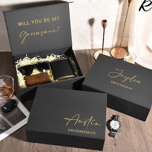 Gepersonaliseerde stalknecht opvouwbare geschenkdoos, creatieve geschenkdoos bruidsjonkers, zwarte magnetische lege geschenkdoos, geschenkdoos bruidsjonkers, huwelijksgeschenkdoos