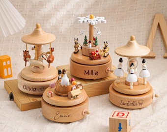 Personalized Wooden Carousel Music Box, Engraved Name Keepsake, Baby Shower Gift