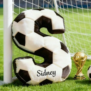 May include: A plush, black and white soccer ball-shaped letter "S" with the name "Sidney" printed on it, set on a green field. A golden trophy and a soccer ball are next to it. The background includes a soccer goal.