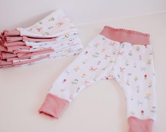 Handmade Baby Girl Floral Tracksuit Pants – Ruffle Waistband, Sweater Fleece