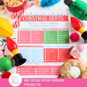 May include: A printable Christmas Lights Scavenger Hunt Challenge sheet with red and green accents. The sheet includes categories for lights, decor, characters, sayings, and special features. Festive decorations surround the sheet.
