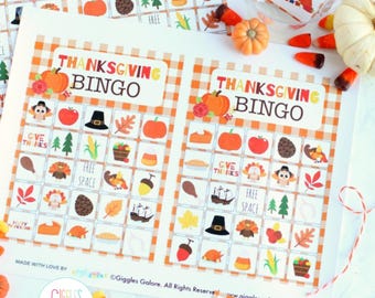 May include: Thanksgiving Bingo game sheets with orange and red graphics. The sheets have a gingham border and include images of pumpkins, turkeys, and fall leaves. The text "Thanksgiving Bingo" is at the top of each sheet. The bottom of the image has the text "NON-EDITABLE INSTANT DOWNLOAD PRINTABLE PDF".