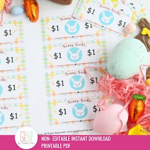 May include: Easter-themed image featuring "Bunny Bucks" printable dollar bills with a bunny graphic. The bills are surrounded by Easter eggs, chocolate carrots, and pink paper grass. The text "NON-EDITABLE INSTANT DOWNLOAD PRINTABLE PDF" is also visible.