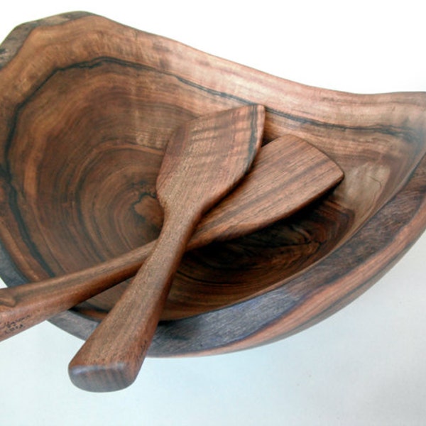 Beautiul Carved (not turned) English Walnut Salad Bowl with Matching Salad Paddles