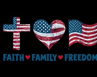 Faith Family Freedom PNG and SVG | Christian Patriotic 4th of July Design | Cross Heart Flag | White & Navy Text | USA Sublimation