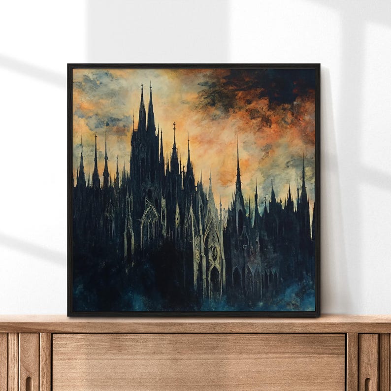 Gothic Cathedral Art Print, Dark Architecture Wall Art, Dramatic Sunset Decor, Spooky Gothic Decor, Gothic Church Painting, Moody Wall Art image 9