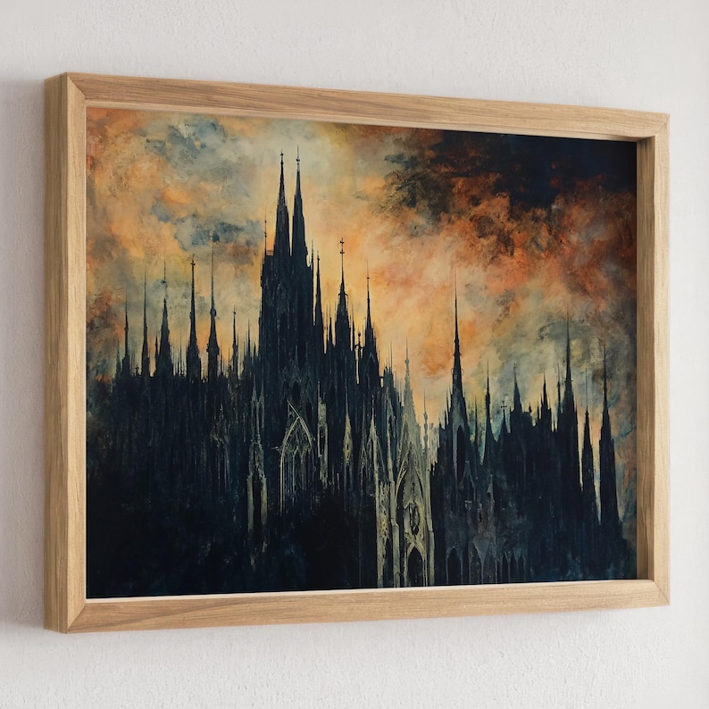 Gothic Cathedral Art Print, Dark Architecture Wall Art, Dramatic Sunset Decor, Spooky Gothic Decor, Gothic Church Painting, Moody Wall Art image 6