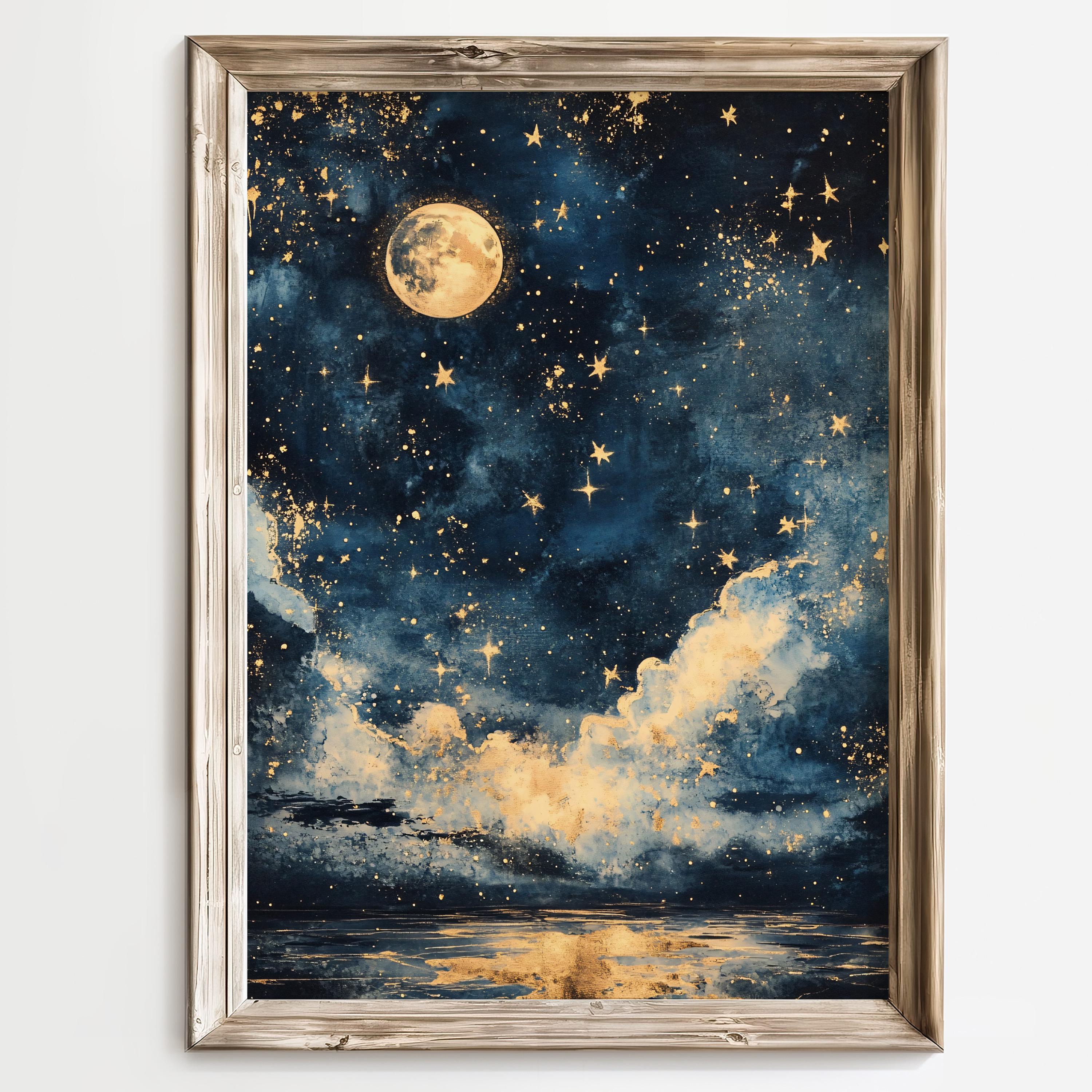Moonlit Sky Wall Art, Starry Sky, Cosmic Artwork, Dark Blue Wall Art, Golden Moon, Celestial Landscape, Modern Nature Decor, Space Art Print