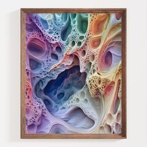 May include: Abstract digital art print featuring a colorful, textured, and layered design with a cave-like appearance. The artwork is dominated by shades of blue, purple, pink, and yellow, creating a vibrant and dynamic composition.