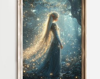 Fantasy Elf Art Print, Fairy Lights Illustration, Magical Forest Painting, Mystical Elf Princess, Dreamy Woodland Art, Whimsical Artwork