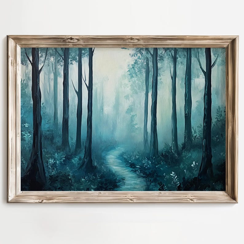 Moody Forest Art, Forest Path Art, Foggy Forest Painting, Dark Forest Decor, Moody Decor, Enchanted Forest Print, Moody Landscape Wall Art afbeelding 4