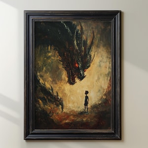 Fantasy Dragon and Boy Artwork, Dramatic Mythical Dragon Art, Epic Creature Illustration, Dark Fantasy Art Print, Adventure Story Artwork