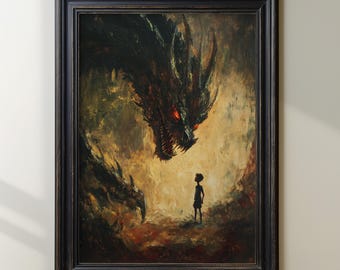 Fantasy Dragon and Boy Artwork, Dramatic Mythical Dragon Art, Epic Creature Illustration, Dark Fantasy Art Print, Adventure Story Artwork