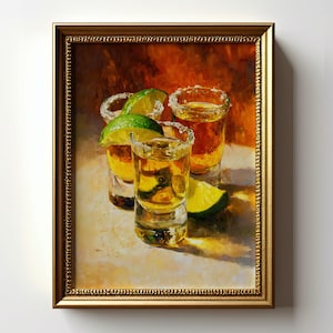 May include: A framed painting depicts four shot glasses filled with amber liquid, garnished with lime wedges and salt-rimmed edges. The background features warm, blended colors of orange and brown, suggesting a bar setting. The painting is in a gold frame.