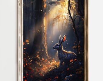 Enchanted Forest Rabbit Art Print, Woodland Animal Art, Magical Bunny Wall Decor, Fairy Tale Illustration, Autumn Forest Wildlife Painting