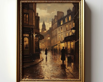 May include: A painting of a Parisian street scene at night. The street is cobblestone and lined with buildings. There are streetlights and people walking. The painting is framed in a gold frame.