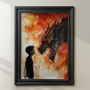 Standing Up to the Monster, Dragon and Boy Artwork, Fire Breathing Dragon, Intense Fantasy Scene, Dramatic Wall Art, Mythical Creature Art