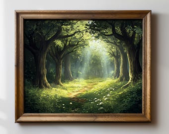 Enchanted Forest Print, Sunlight Through Trees Art, Magical Woodland Path Wall Decor, Fantasy Nature Landscape, Serene Forest Poster