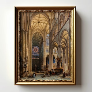 Gothic Cathedral Interior Art Print, Historic Church Painting, Stained Glass Architecture Poster, Classic European Landmark Wall Decor