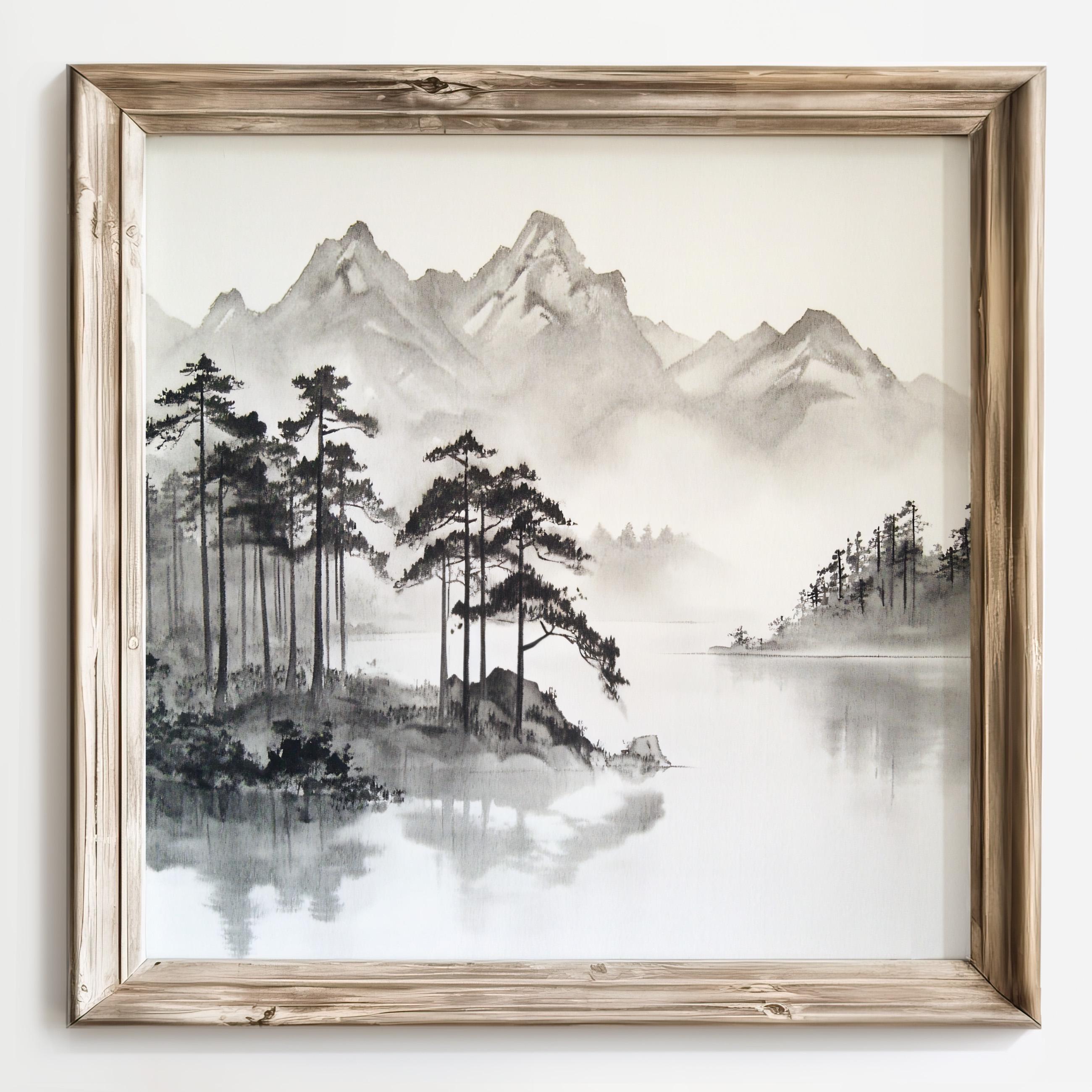 Sumi-e Mountain Scene, Black and White Wall Decor, Japanese Ink