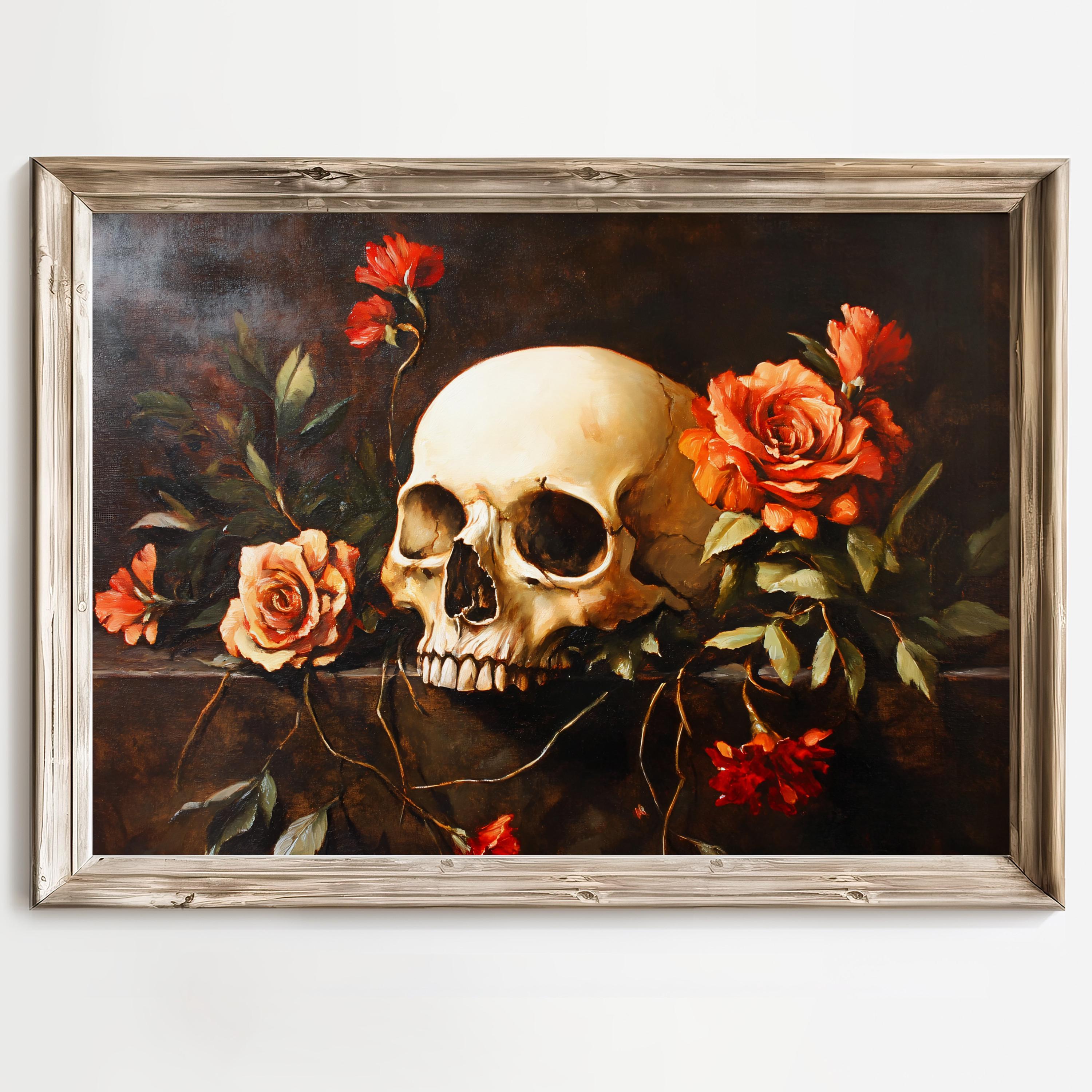 Skull and Roses Art Print, Memento Mori Poster, Dark Floral Wall