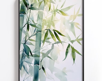Bamboo Watercolor Wall Art, Green Botanical Print, Zen Nature Decor, Tranquil Home Decor, Asian Inspired Art, Minimalist Art, Peaceful Vibes