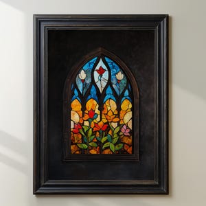 Stained Glass Window Art, Floral Stained Glass Panel, Gothic Window Decor, Colorful Glass Art Print, Religious Home Decor, Vibrant Wall Art