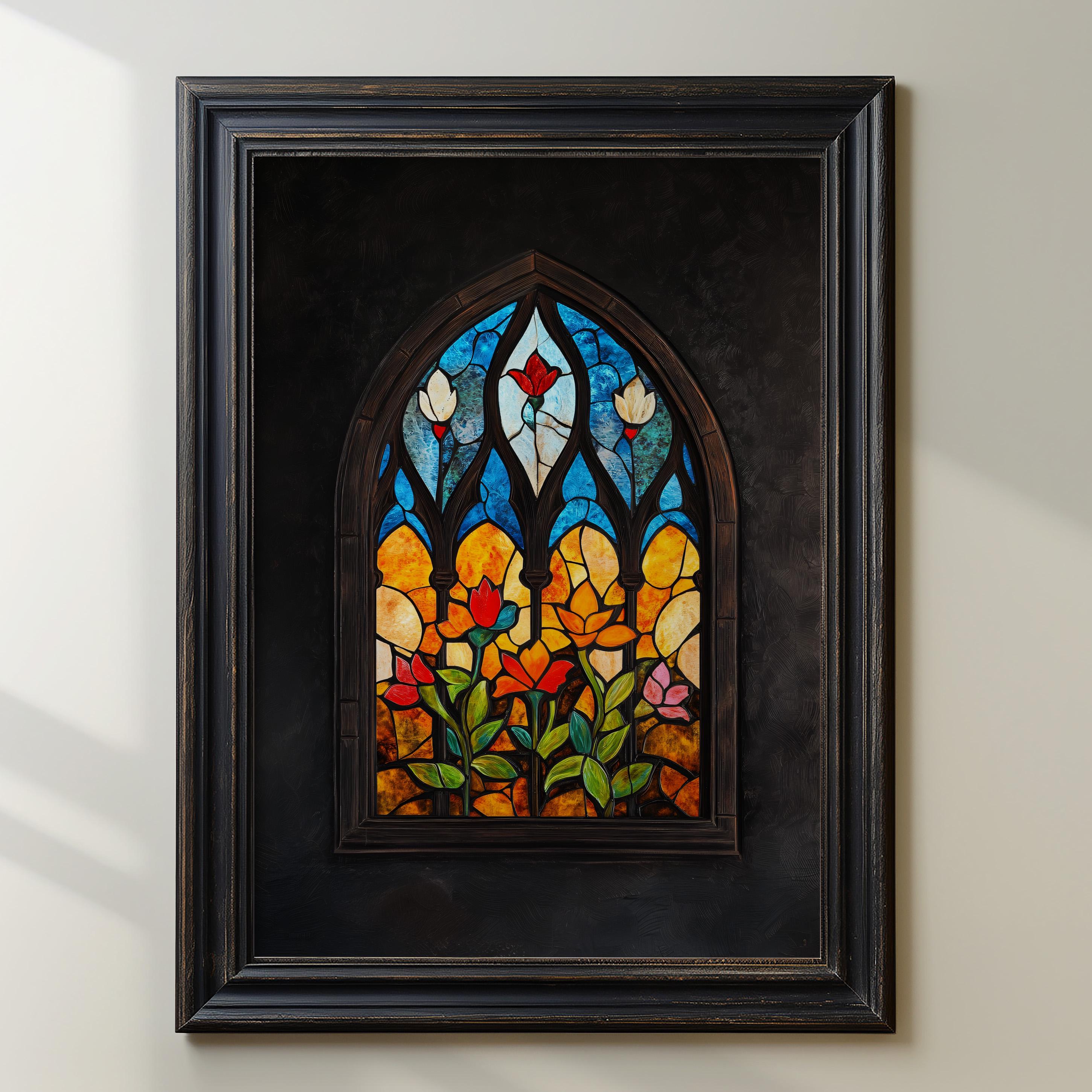 Stained Glass Window Art, Floral Stained Glass Panel, Gothic