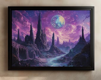 May include: A digital painting of a fantasy landscape with tall, jagged purple mountains and a blue planet in the sky. The sky is a vibrant purple with pink clouds and stars.