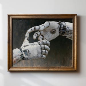 May include: A framed wall art piece depicting two white robotic hands reaching toward each other with fingers nearly touching. The mechanical hands feature intricate segmented plating, visible joints, and circular details, set against a dark, textured background.